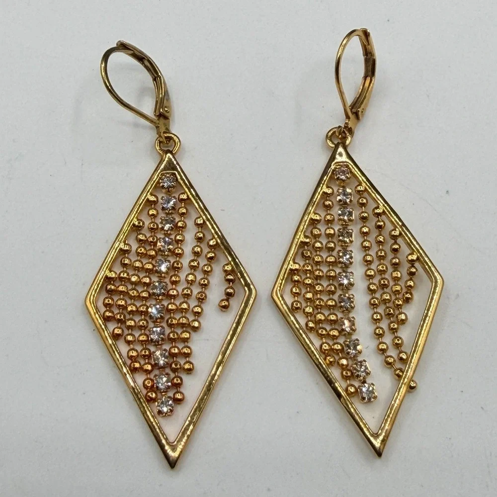 Gold Tone Rhinestone Diamond Shape Dangle Earrings Beaded Fringe Statement Party